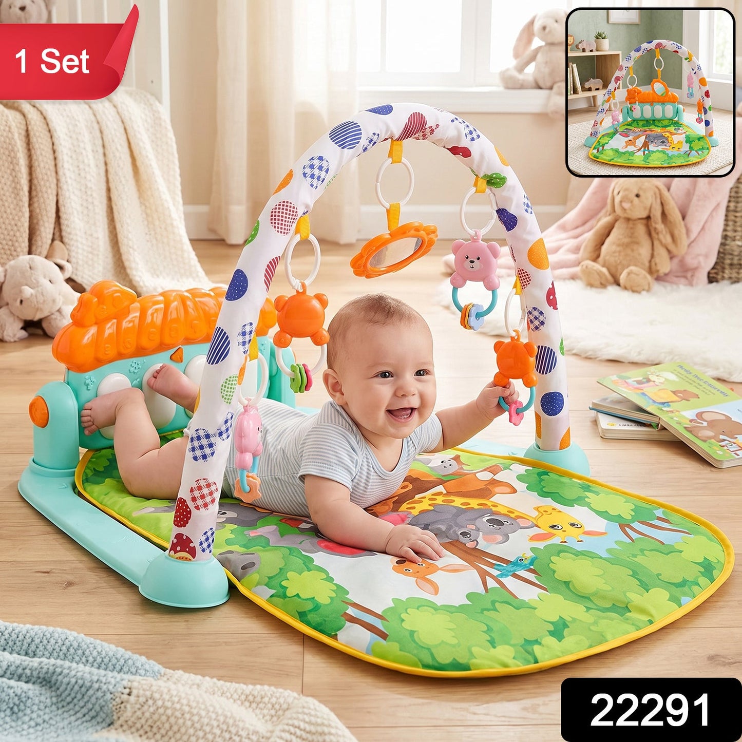 A baby on a play mat with an arch of hanging toys, reaching for a toy, with a small inset showing the play mat folded.