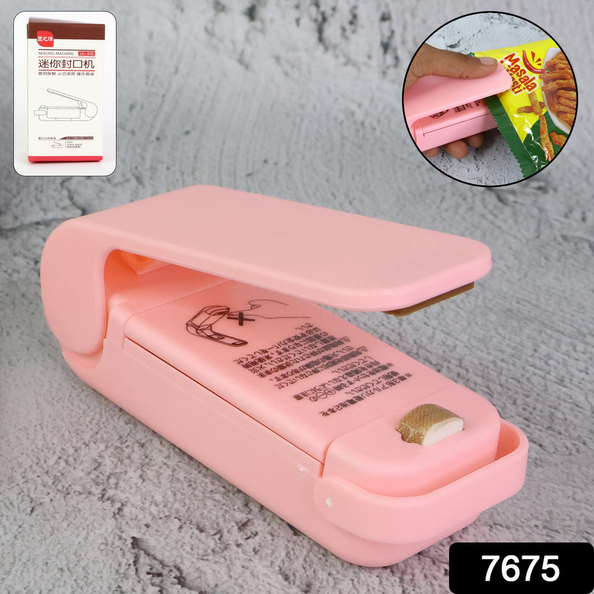 A pink plastic bag sealer rests on a grey surface, with a hand sealing a snack bag in the top right inset.