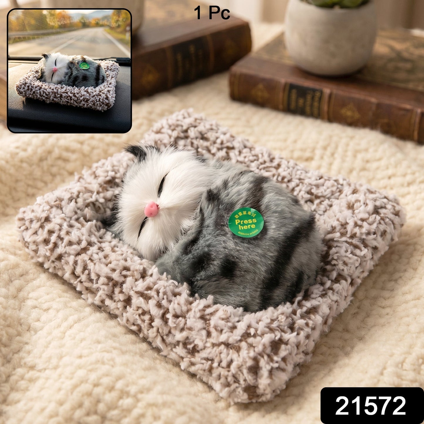 Close-up of plush cat open eye showpiece from side angle