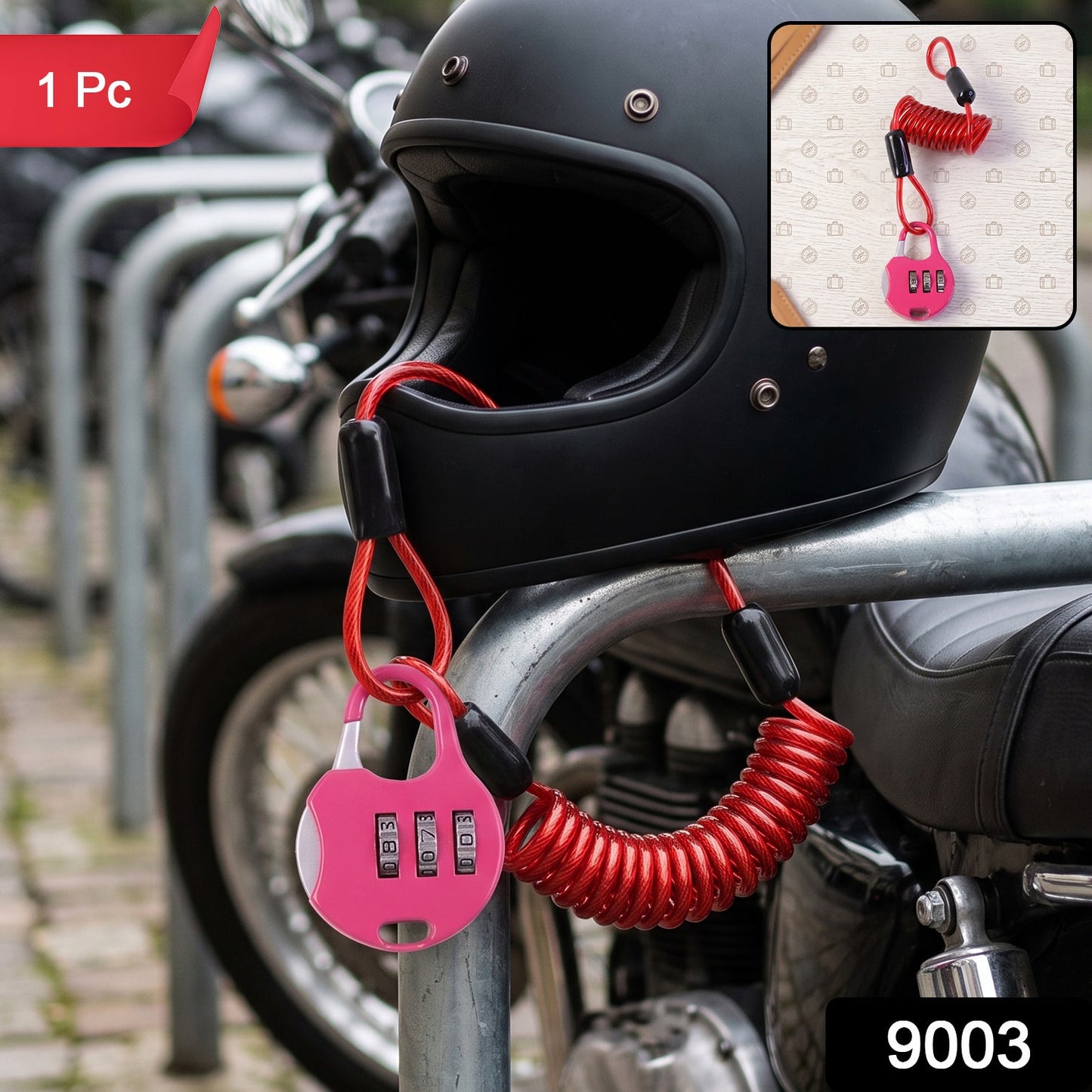 A black motorcycle helmet is secured to a bike rack with a pink combination lock and red coiled cable, with a "1 Pc" label.