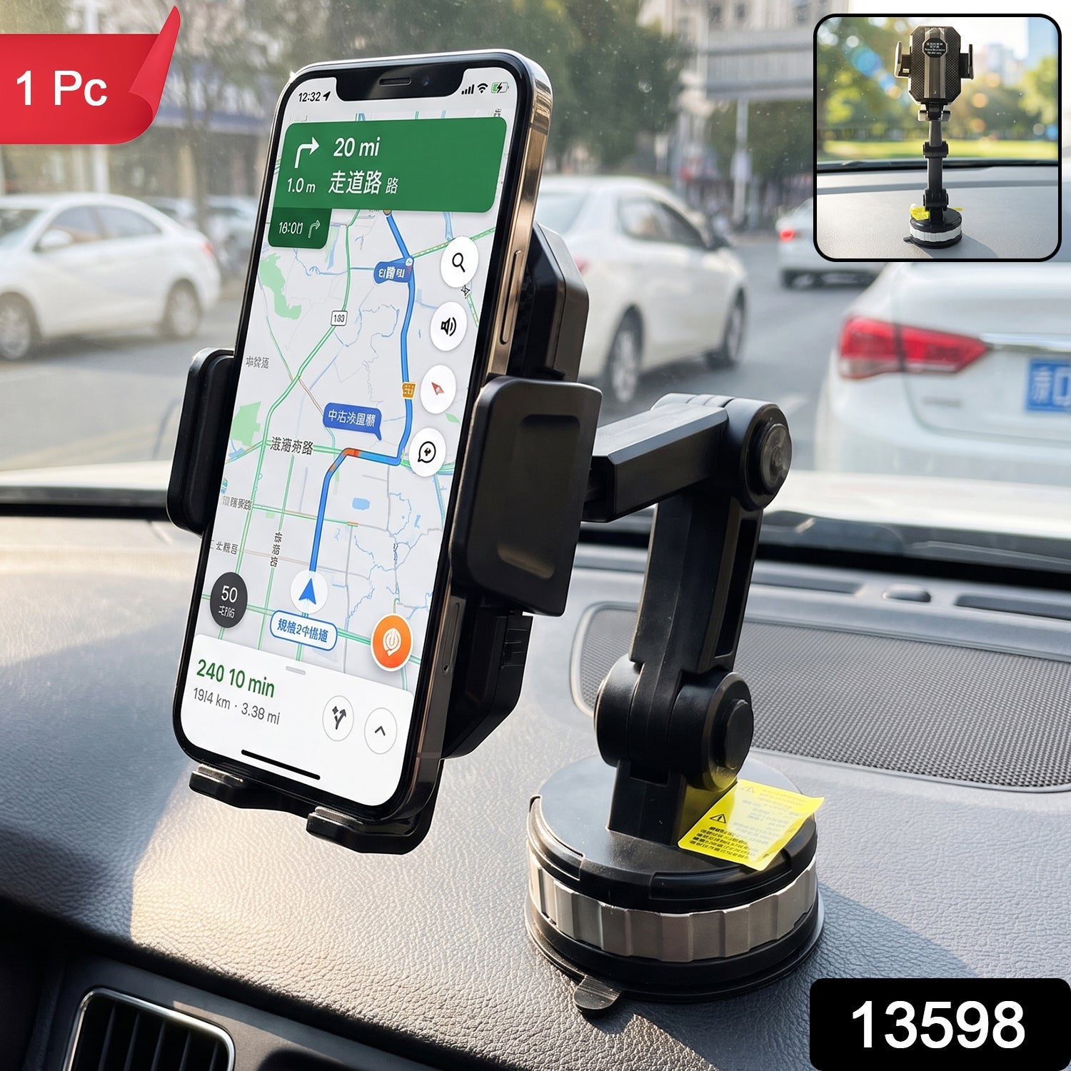 A black phone holder is mounted on a car dashboard, holding a smartphone displaying a navigation app.