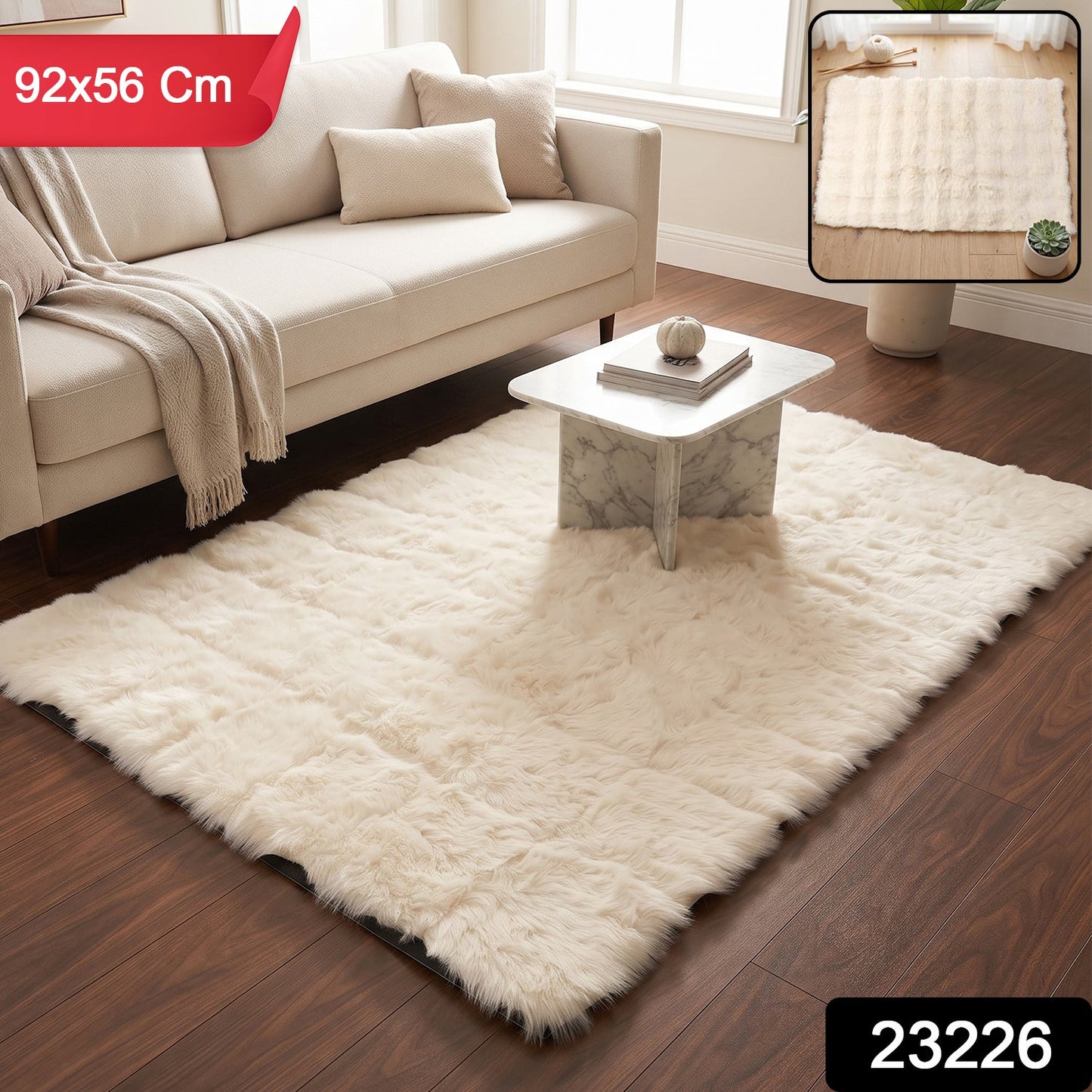 A cream fluffy faux fur rug on a wooden floor, with a red banner indicating 92x56 cm dimensions.