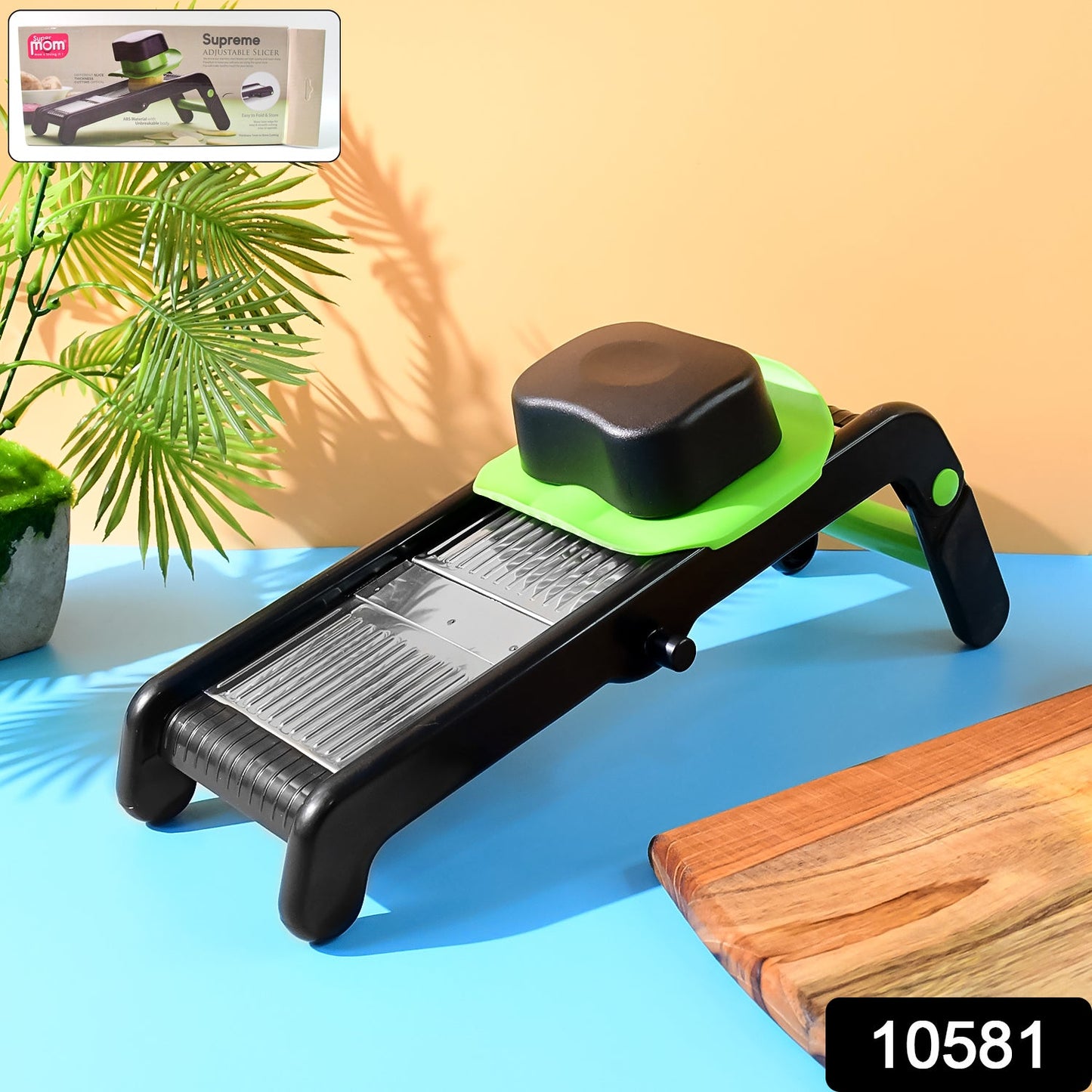 Close-up of adjustable slicer showing stainless steel blade design
