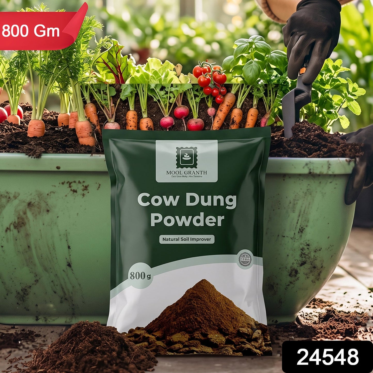 A dark green bag of "Cow Dung Powder" stands in front of green planters filled with carrots, radishes, and tomatoes, with