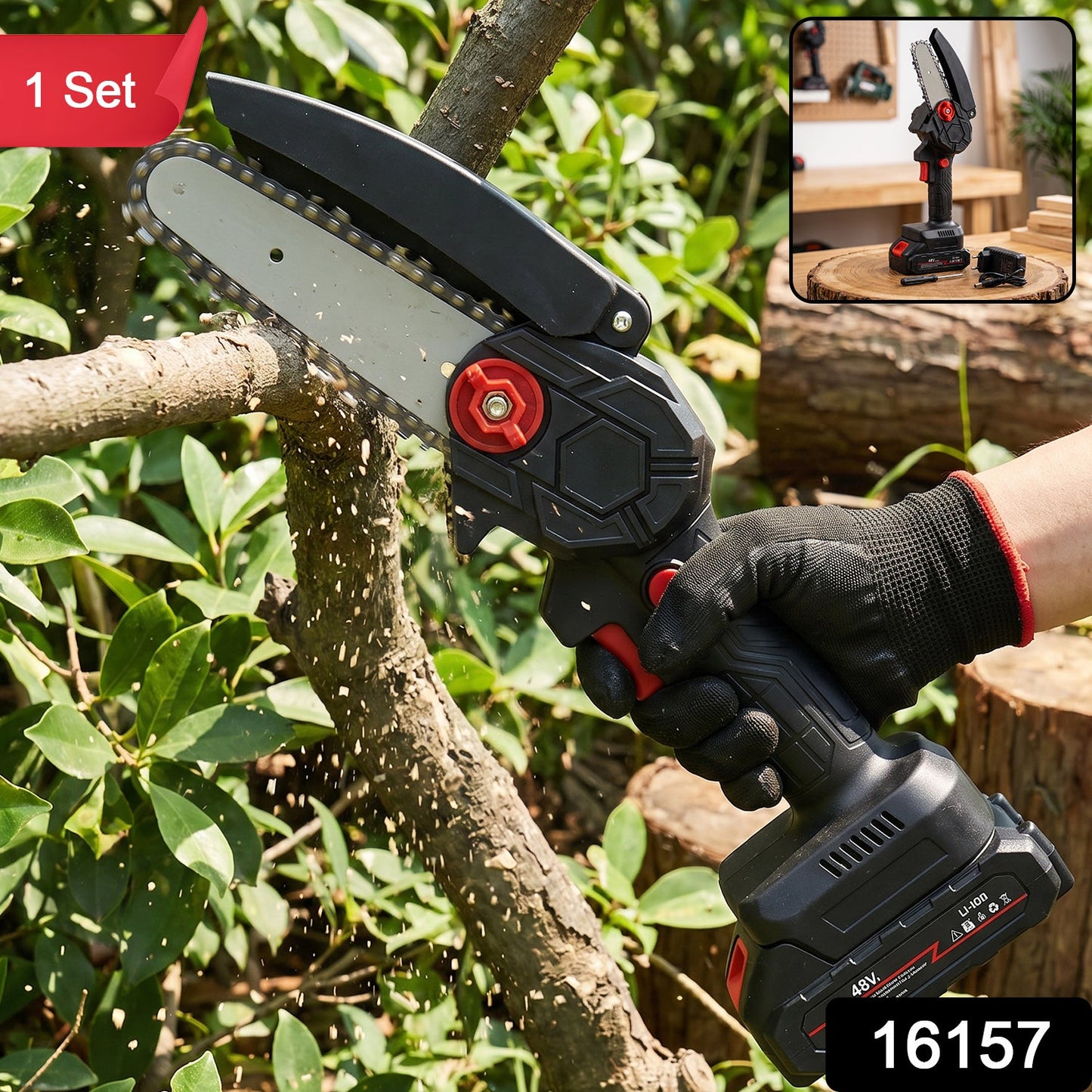 Black and red mini chainsaw with a 48V battery on a wooden surface with moss and logs.