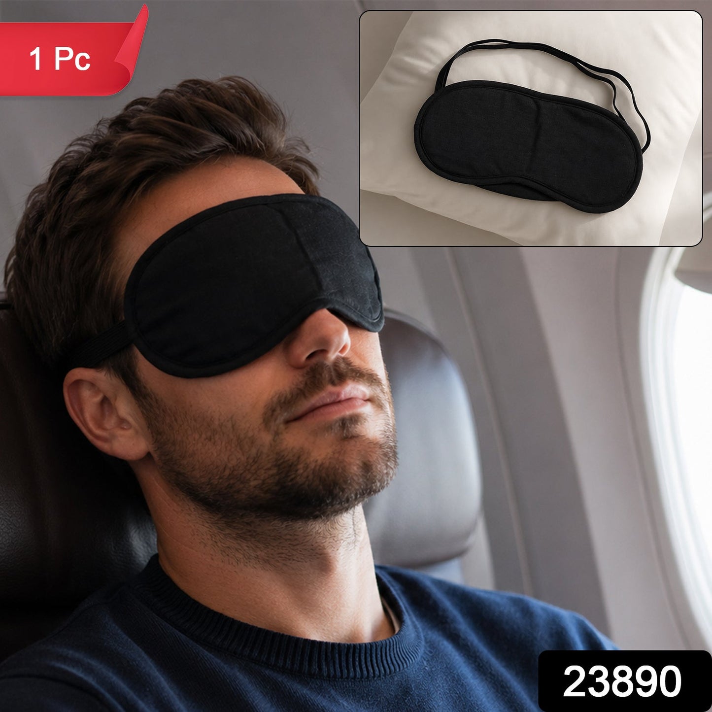 A man with a beard sleeps in an airplane seat wearing a black fabric sleeping mask, with an inset showing the mask on a