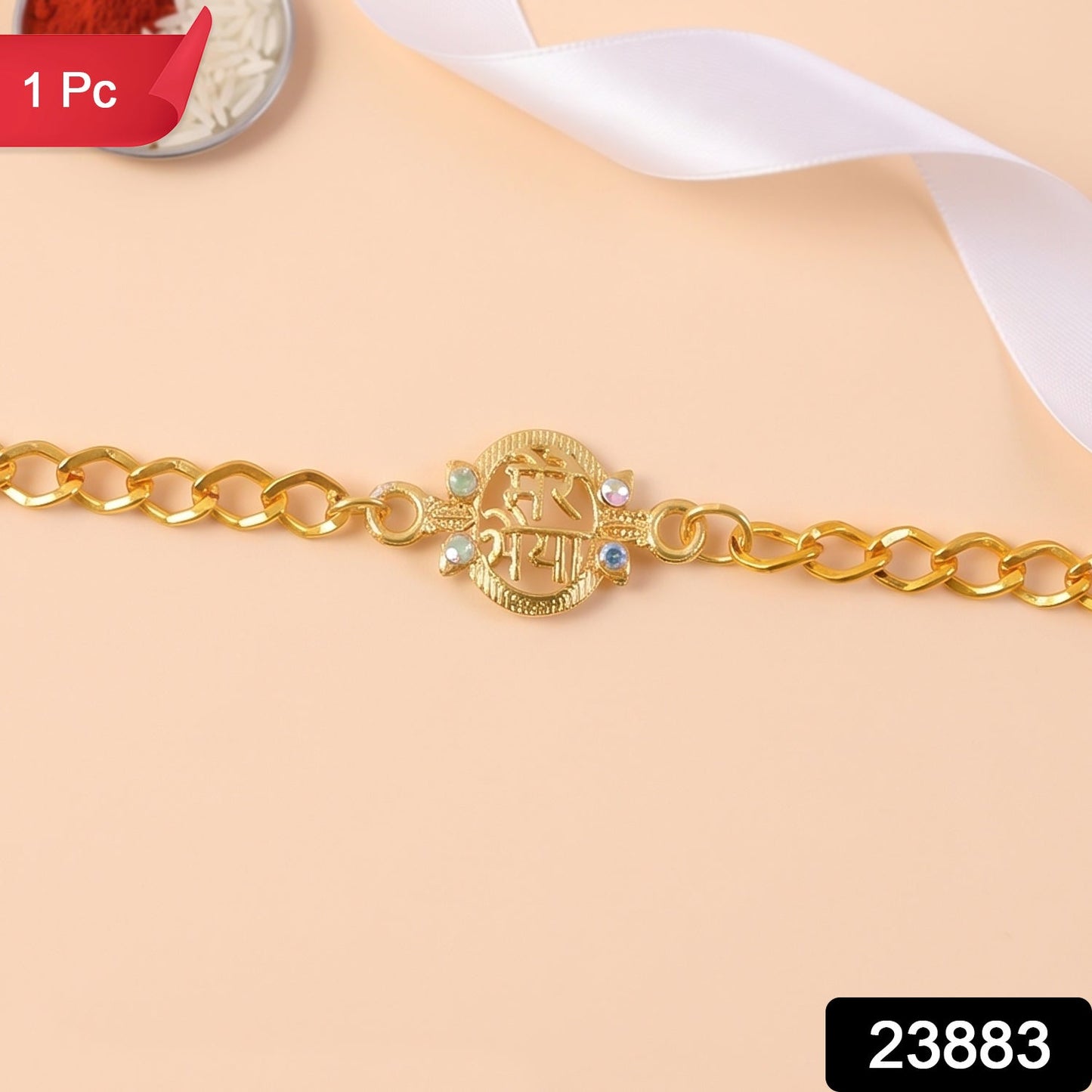 Close up of Mere Bhaiya pendant rakhi with colourful stones on a gold chain.