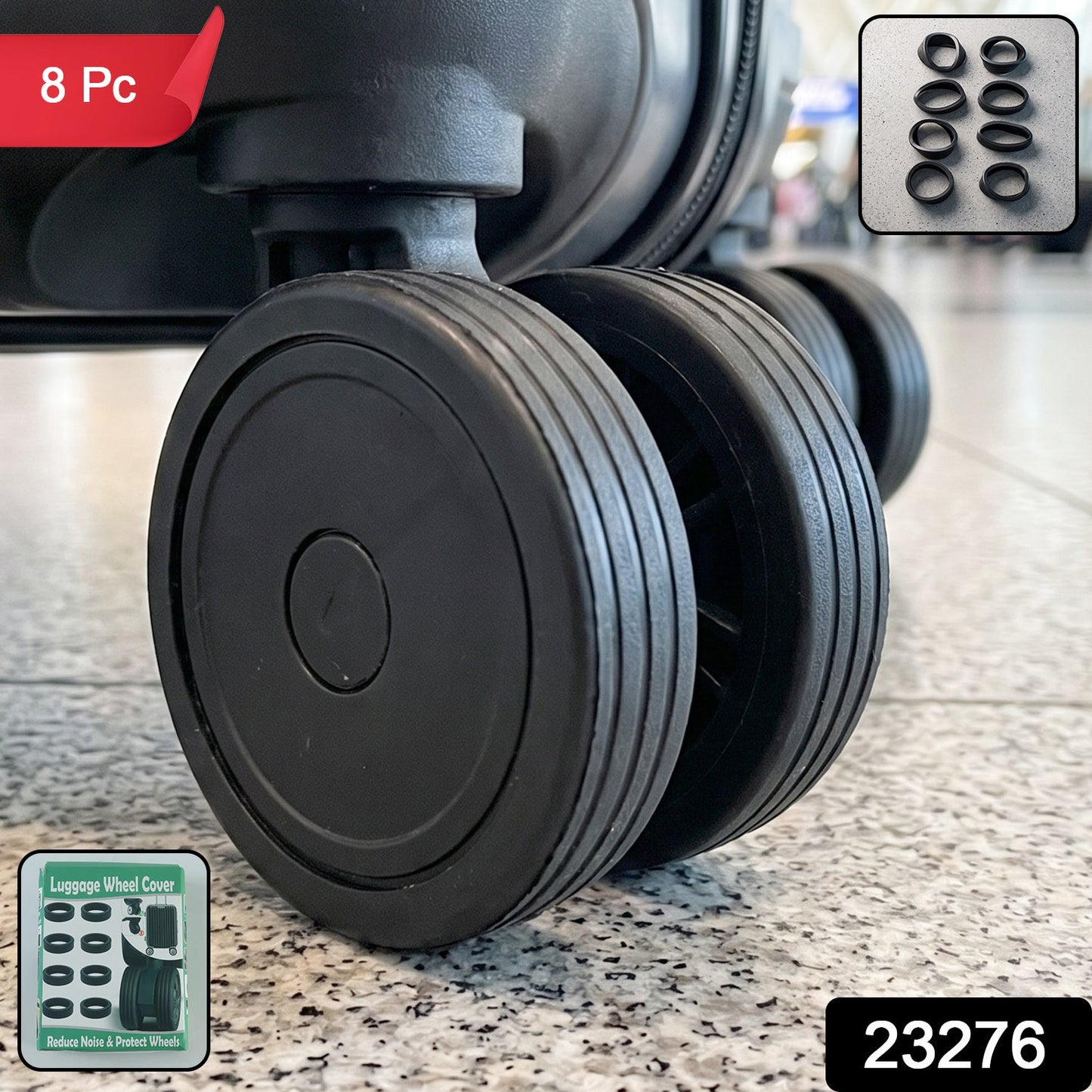 Close-up of three black luggage wheels on a grey tiled floor, with a small inset showing eight black silicone rings and an