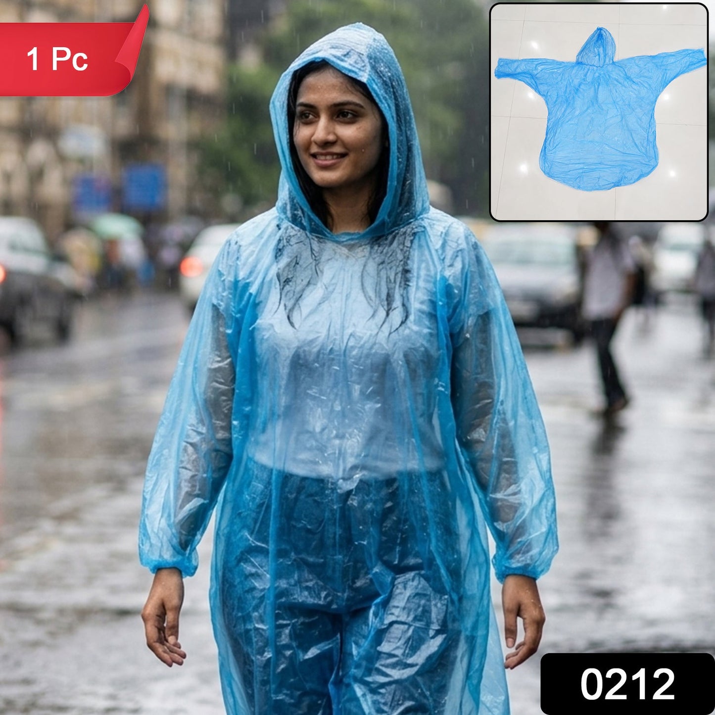 A man on a scooter wears a blue plastic poncho with a hood, driving on a wet street with trees and cars.