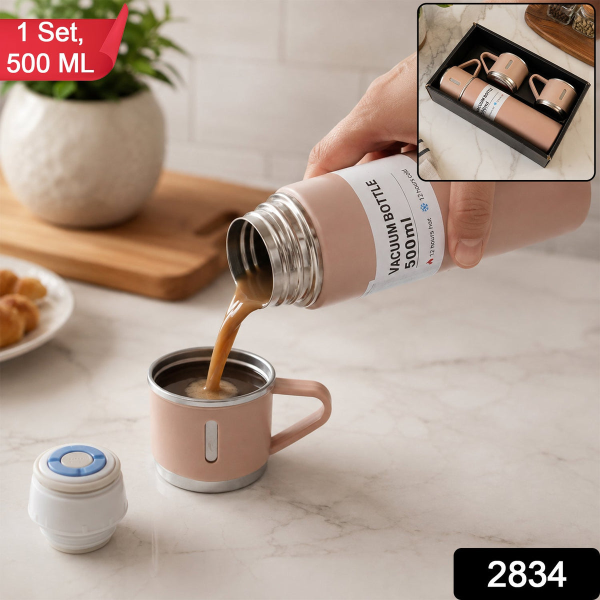 Stainless Steel Vacuum Flask Set – Keeps Drinks Hot & Cold 12h