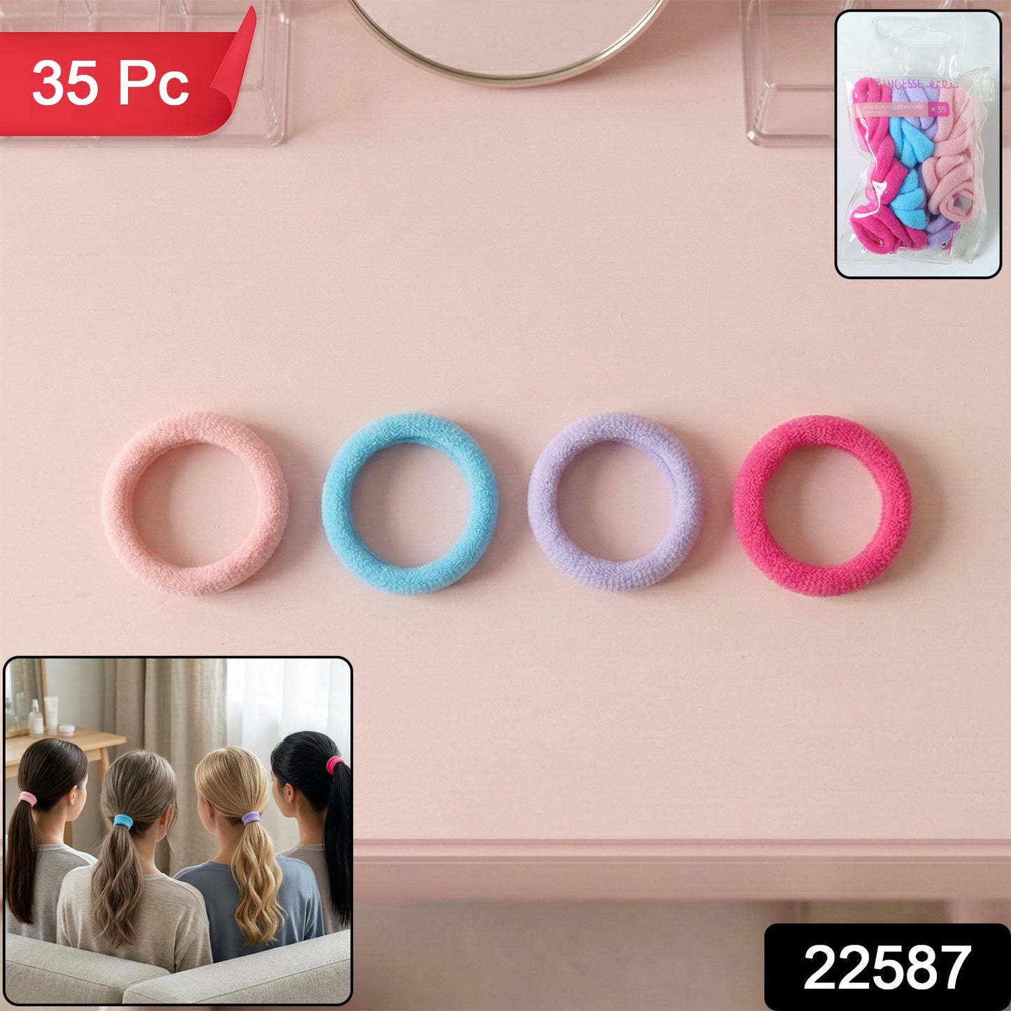 Four colorful elastic hair ties in pink, blue, lavender, and fuchsia on a pink surface, with an inset of a packaged set.