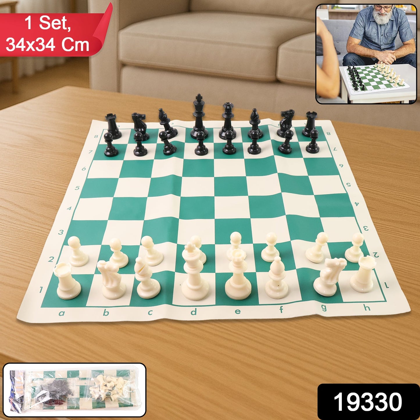 Foldable pocket chess set with roll-up vinyl board and plastic pieces