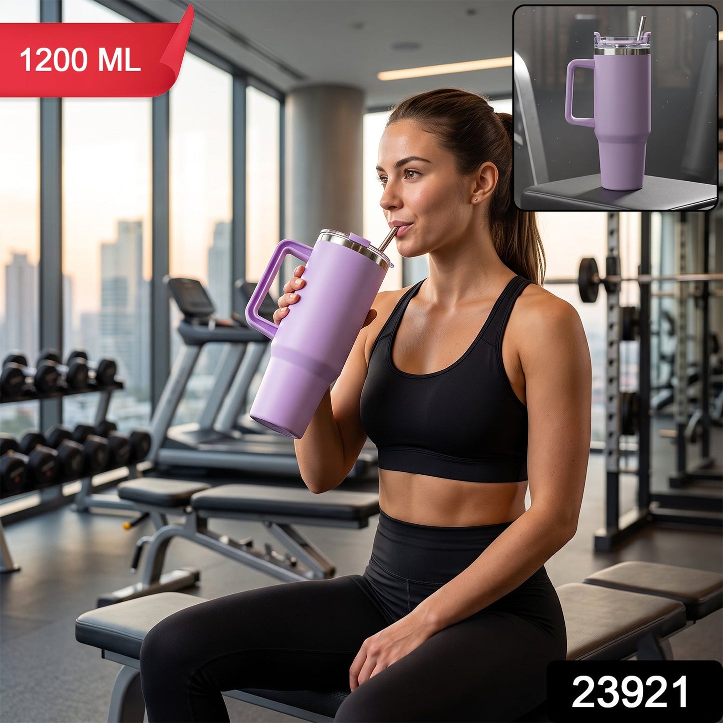 A woman in a gym drinks from a purple tumbler with a handle and straw; a red banner says "1200 ML" and a black box has