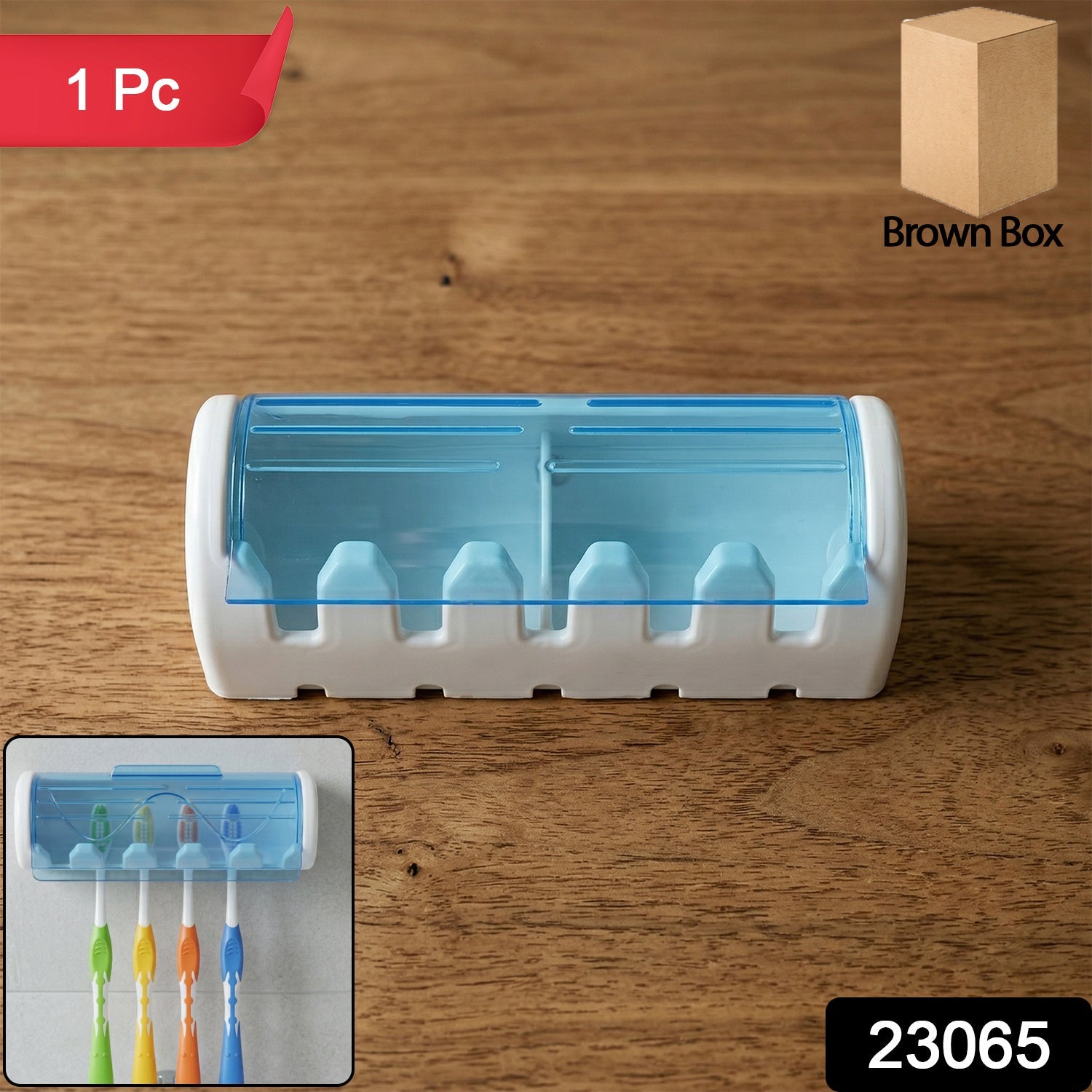 Close-up of toothbrush holder with multiple slots and cover