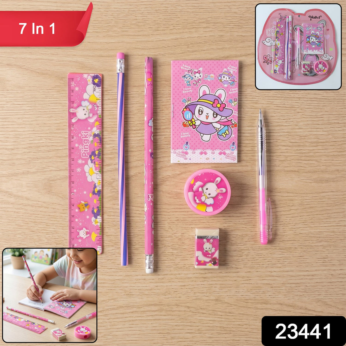 A pink 7-in-1 stationery set with bunny designs, including a ruler, pencils, notebook, sharpener, eraser.