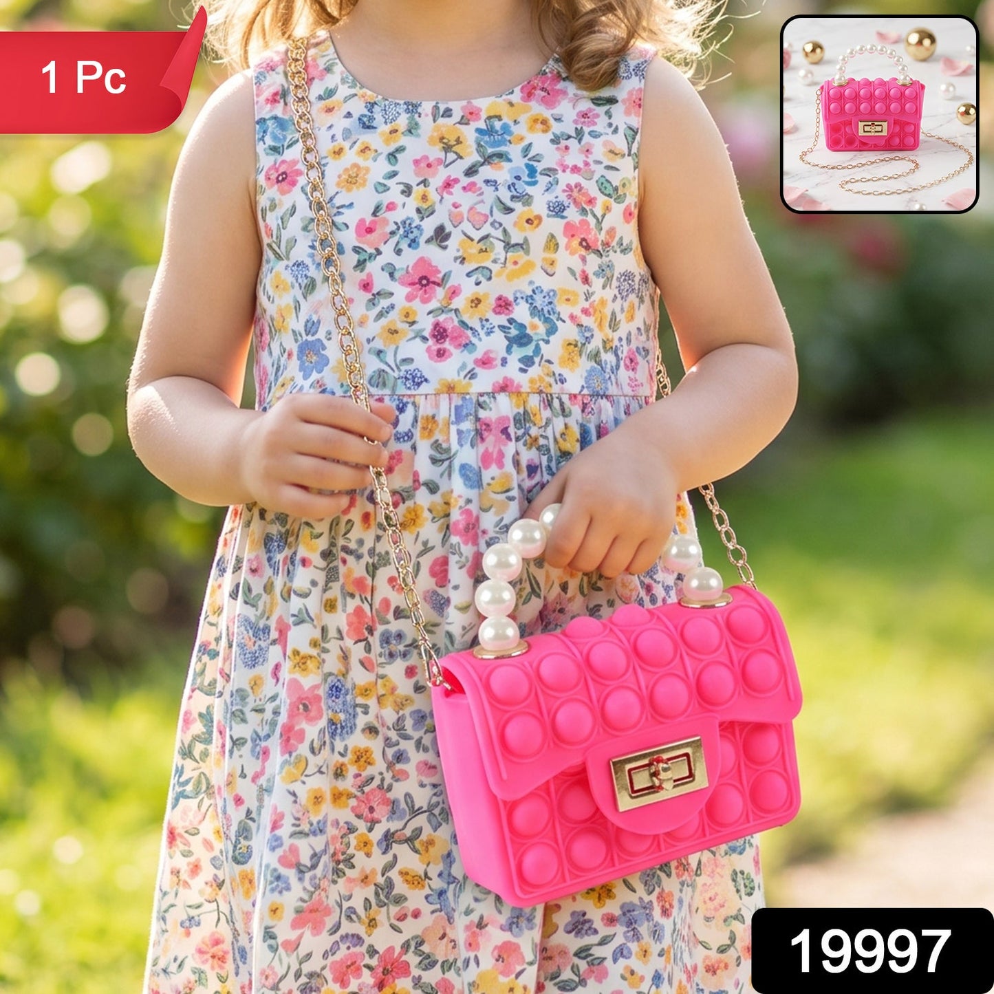 A young girl in a floral dress holds a bright pink pop-it purse with a pearl handle and gold chain, with a small inset image