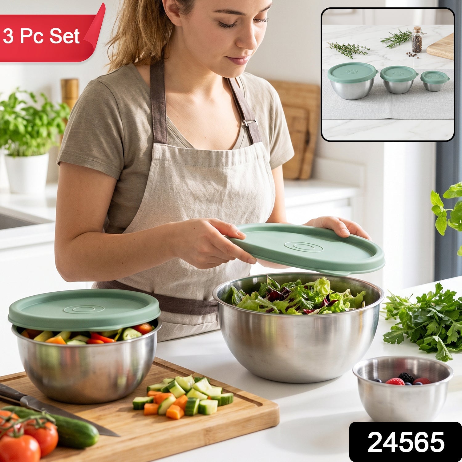 Three piece stainless steel storage bowls with airtight lids