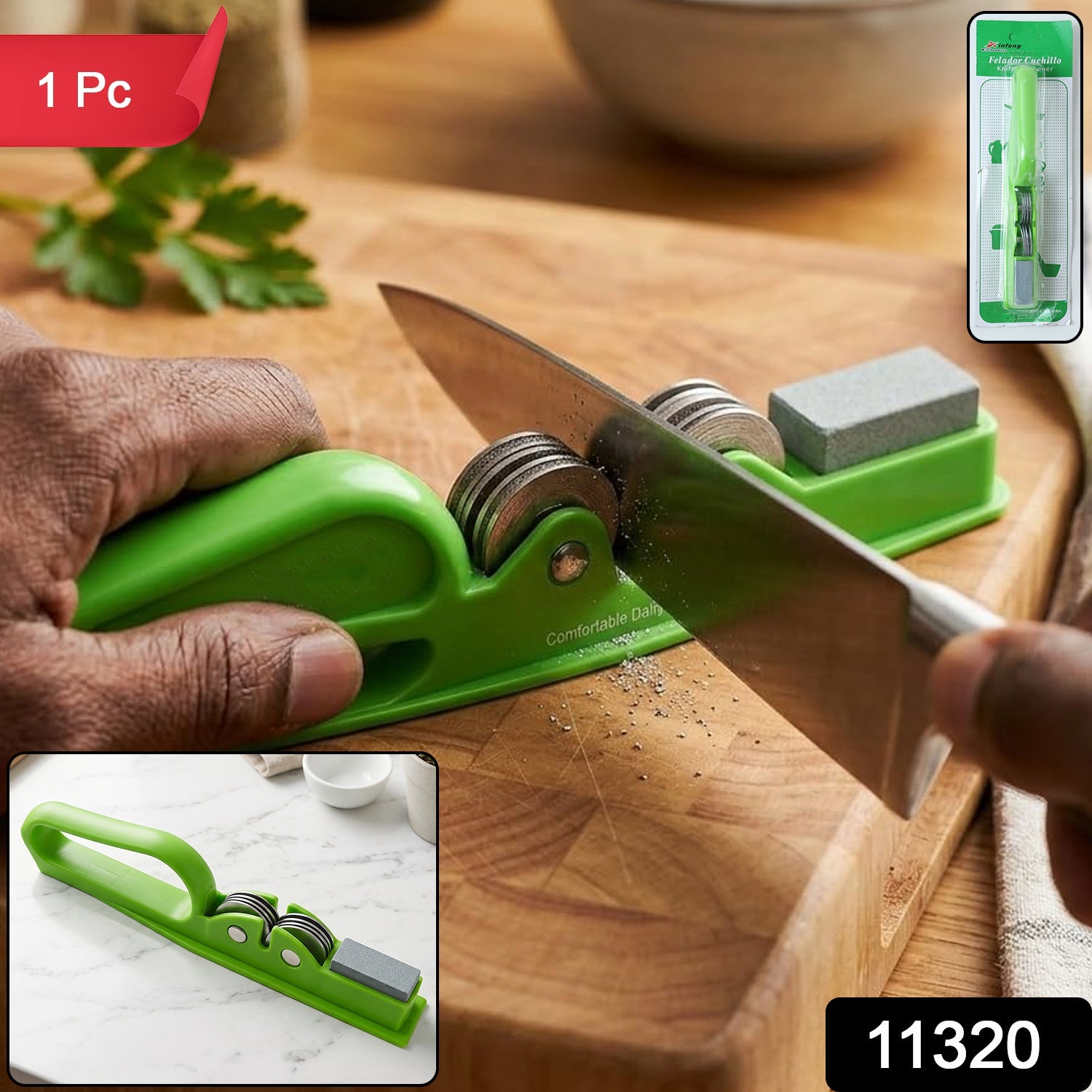 A person sharpening a knife with a green handheld sharpener on a wooden cutting board, with a red "1 Pc" label and a product