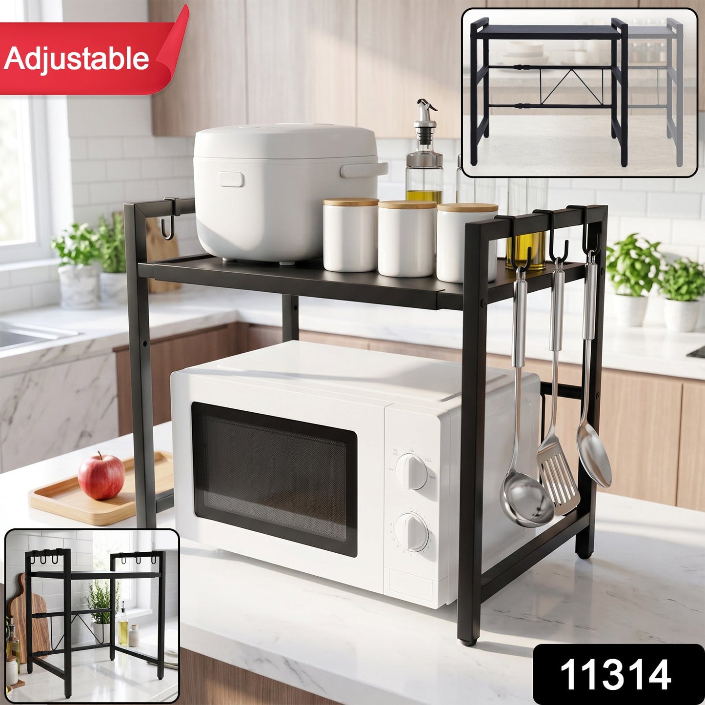 Expandable microwave shelf rack with side hooks, 1 piece