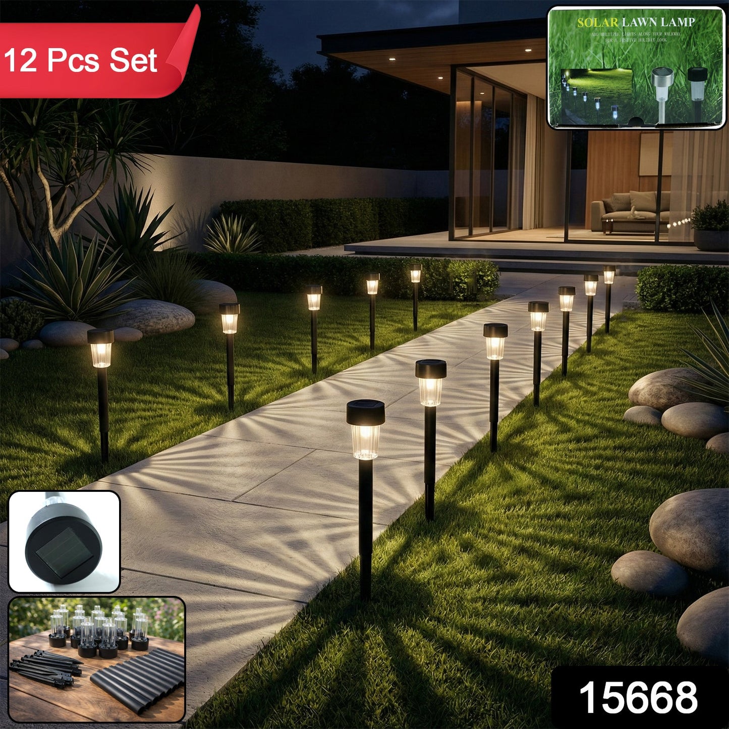 Solar powered pathway lights installed along garden walkway
