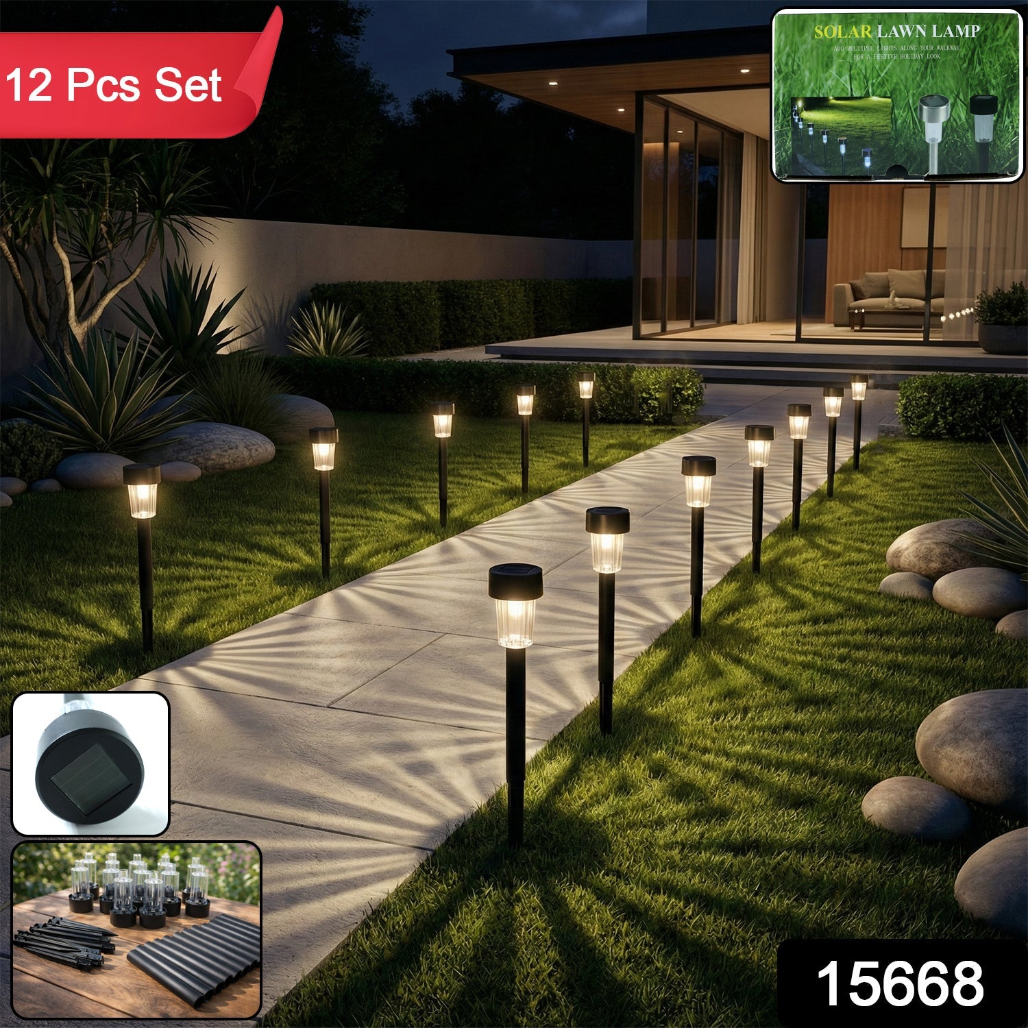 Solar powered pathway lights installed along garden walkway