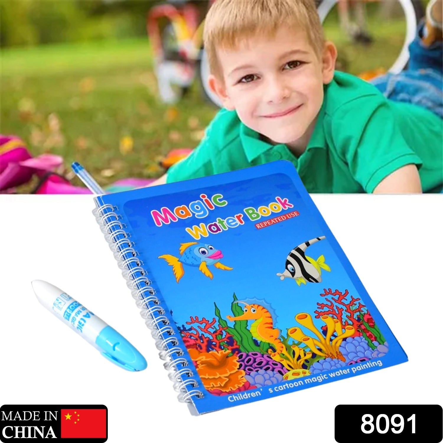 A smiling child in a green shirt is blurred in the background, with the water coloring book and pen in the foreground.