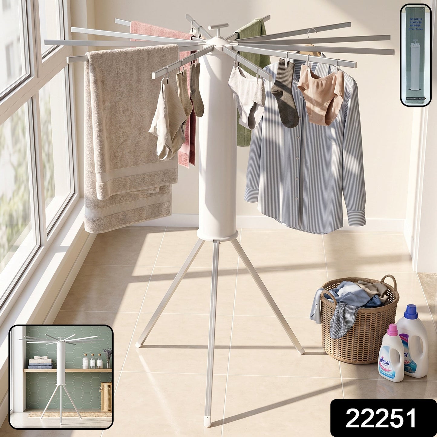 White tripod clothes drying rack with clothes, laundry basket, and detergents, with a small inset showing it folded.