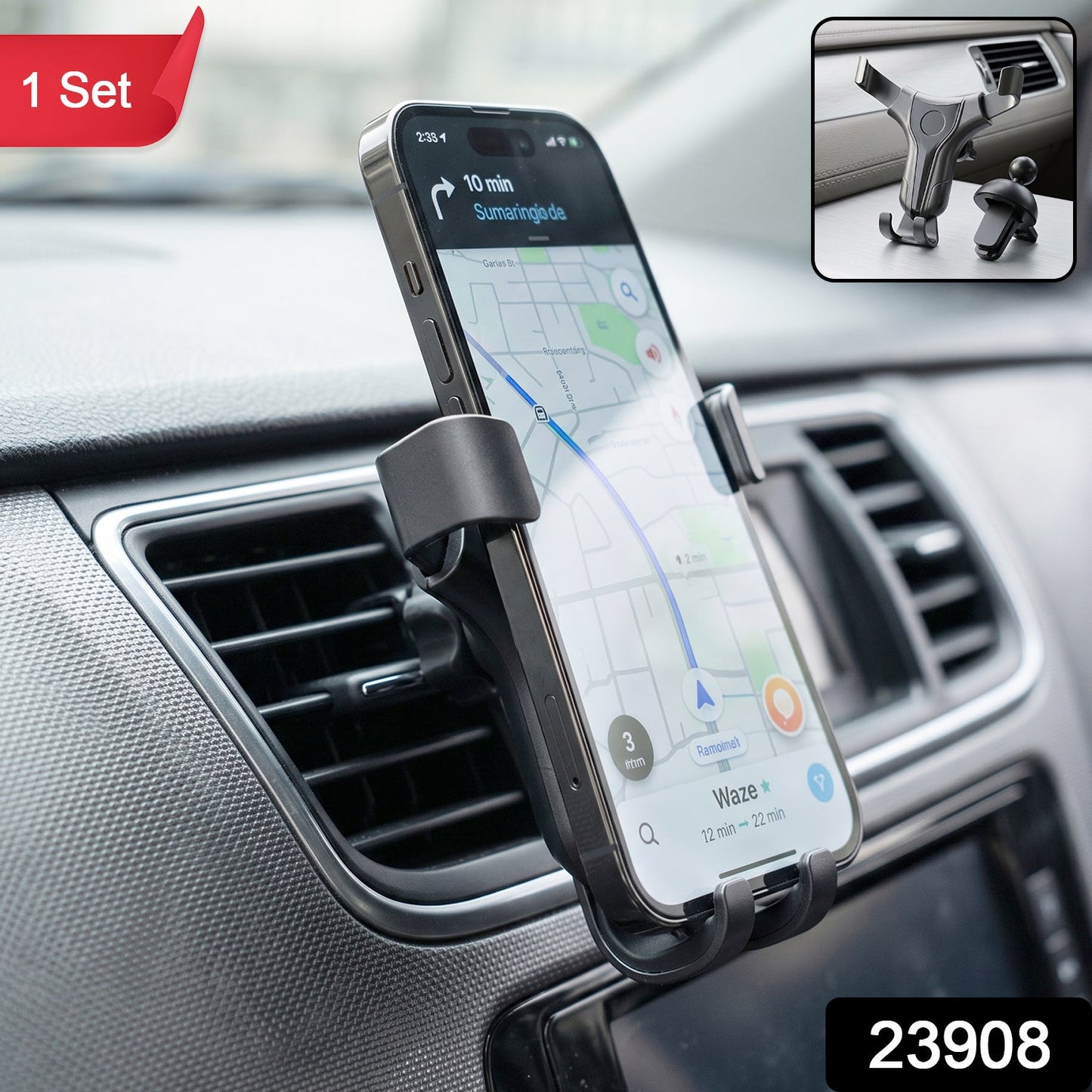 Air vent car phone mount with auto locking arms, 1 piece