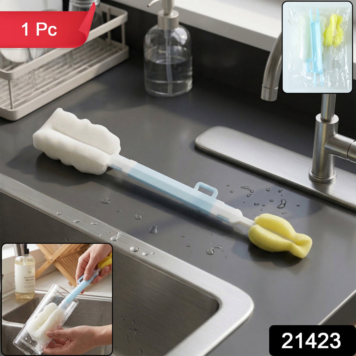 A light blue and white bottle brush with two sponge heads on a kitchen counter, with a "1 Pc" label and a product number.
