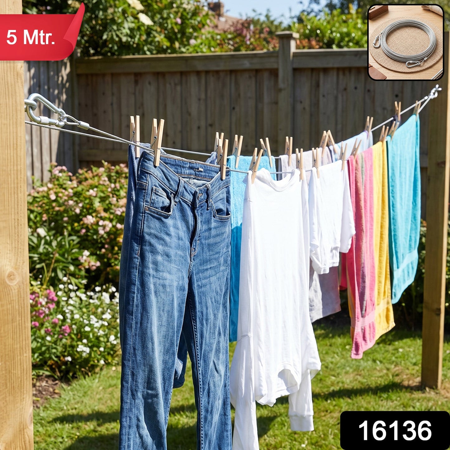 A 5-meter stainless steel wire rope with carabiner hooks is shown in a sunny backyard with clothes drying.