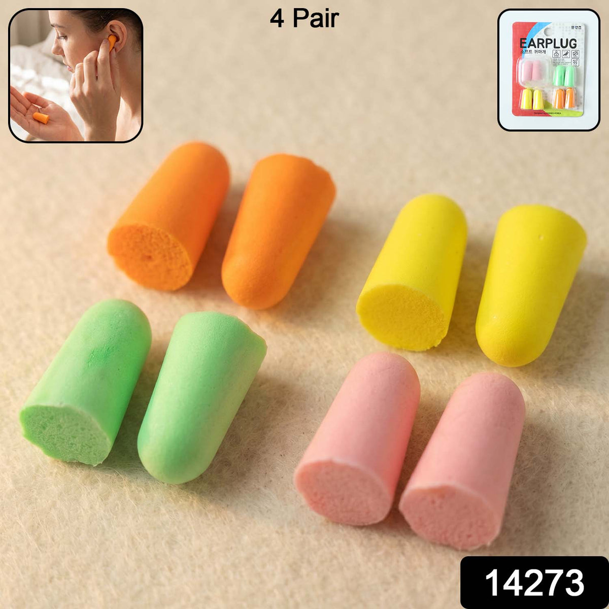 Eight foam earplugs in orange, yellow, green, and pink, with an inset of a woman inserting an earplug and a package