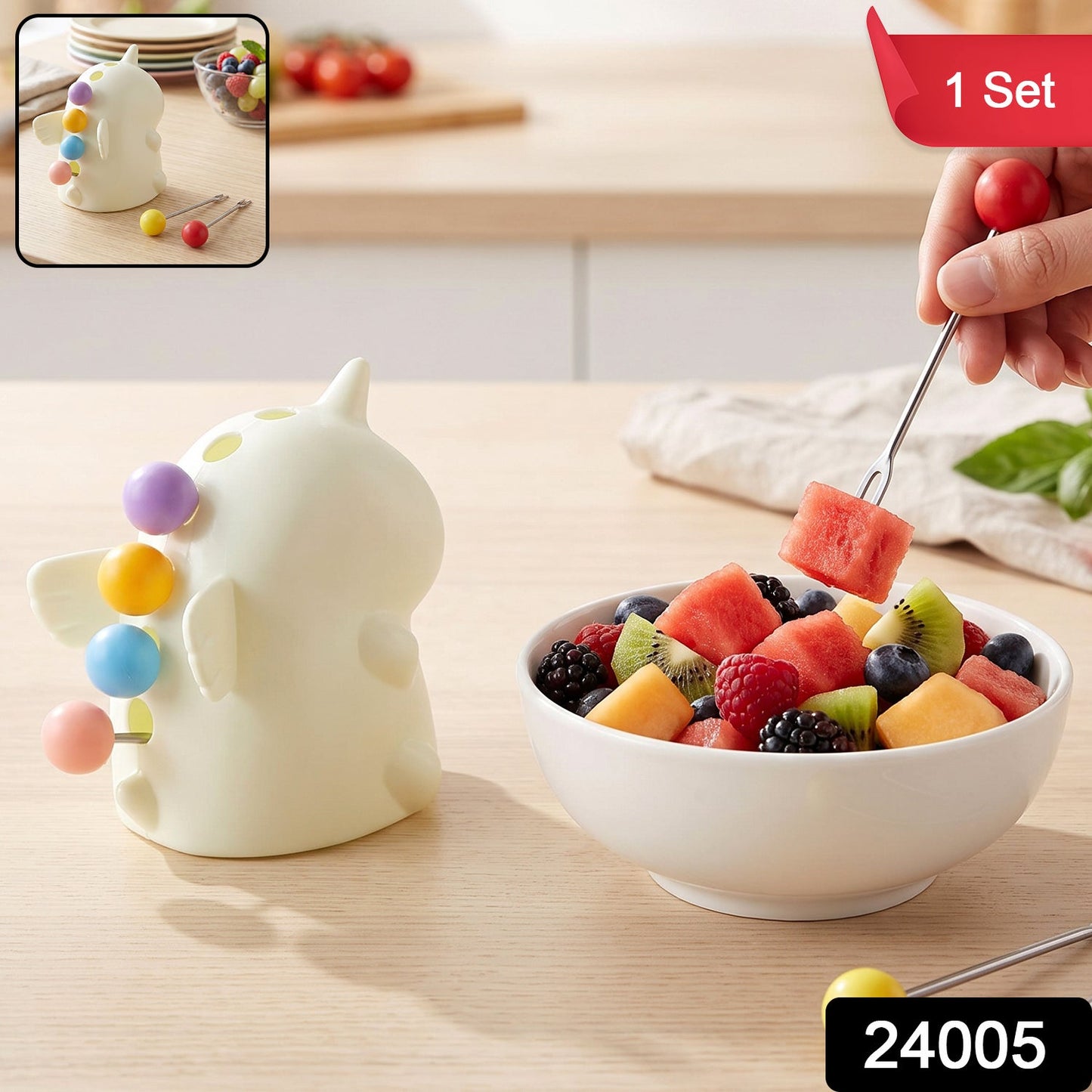 Dinosaur fruit fork set with holder case, 1 set