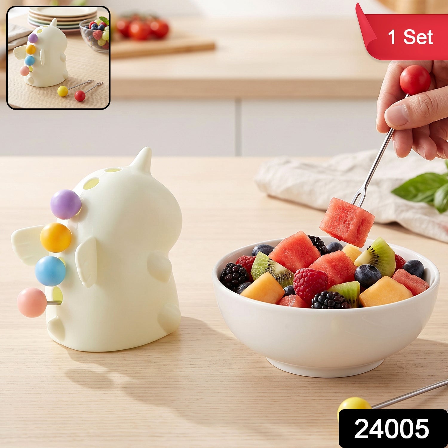 Dinosaur fruit fork set with holder case, 1 set