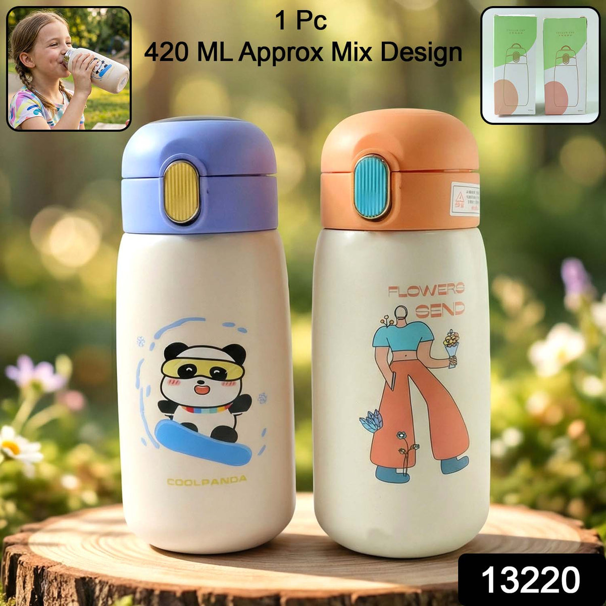Two cream-colored water bottles, one with a panda and one with a person, sit on a tree stump.