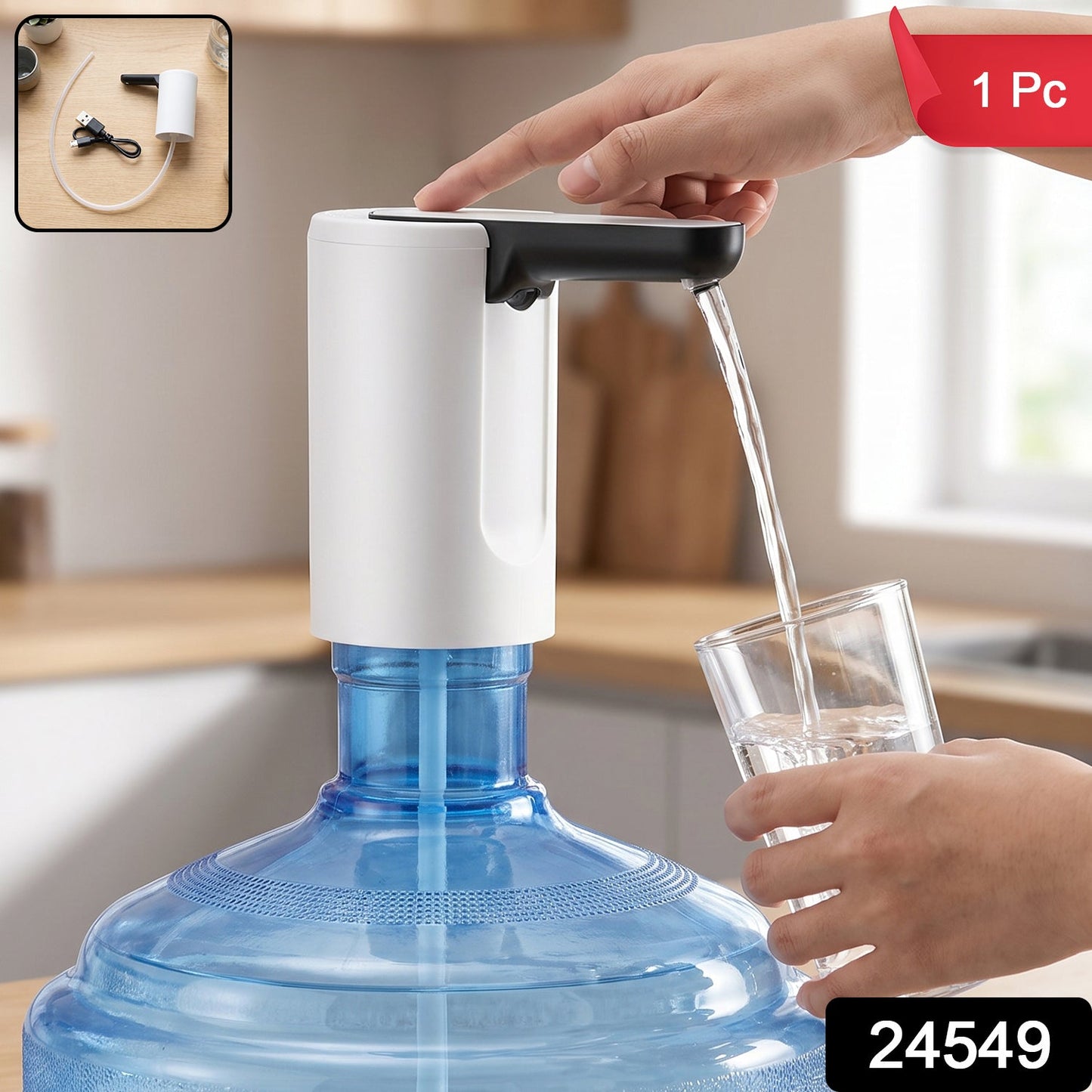 A hand presses the button on a white and black electric water dispenser, filling a glass from a large blue water bottle.