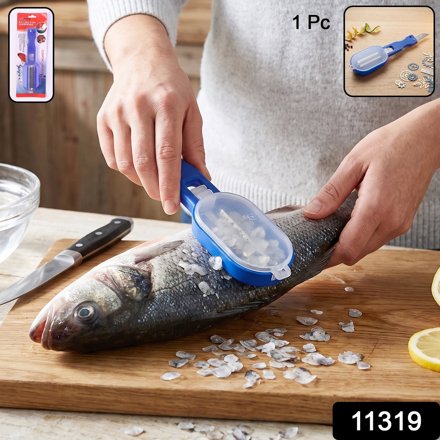 A blue fish scaler with a clear lid sits on a wooden surface surrounded by decorative gears and spices.