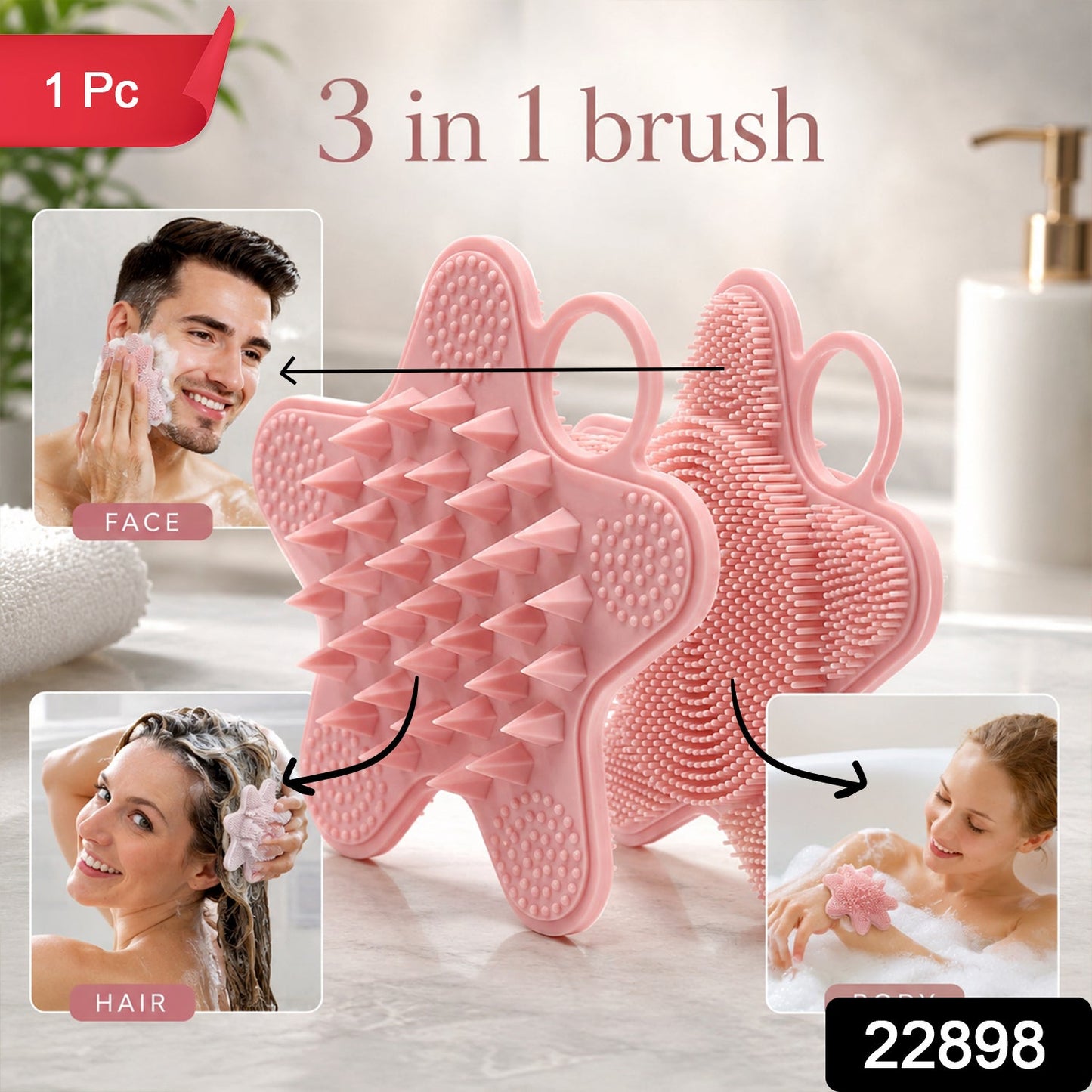 A pink silicone starfish-shaped brush with two different bristle textures is presented with three insets of people using it