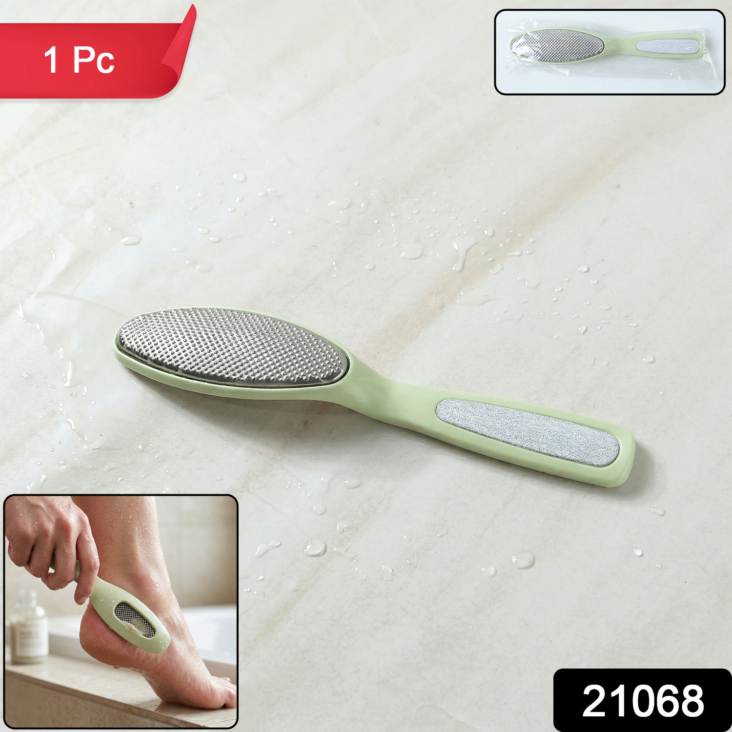 A light green dual-sided foot file lies on a wet white surface, with an inset of the file in packaging.
