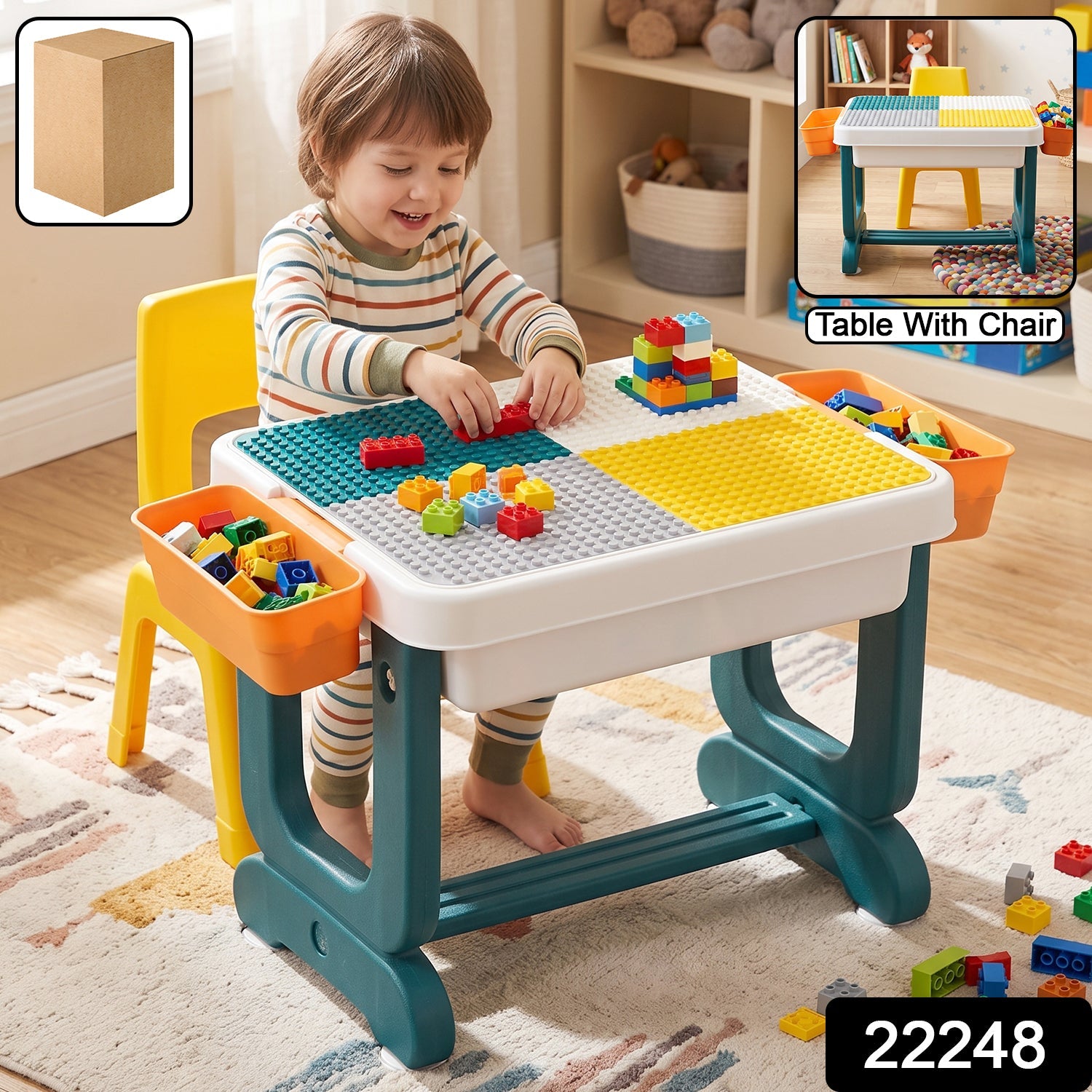 A child smiles while playing with building blocks on a teal and white activity table with attached orange storage bins.