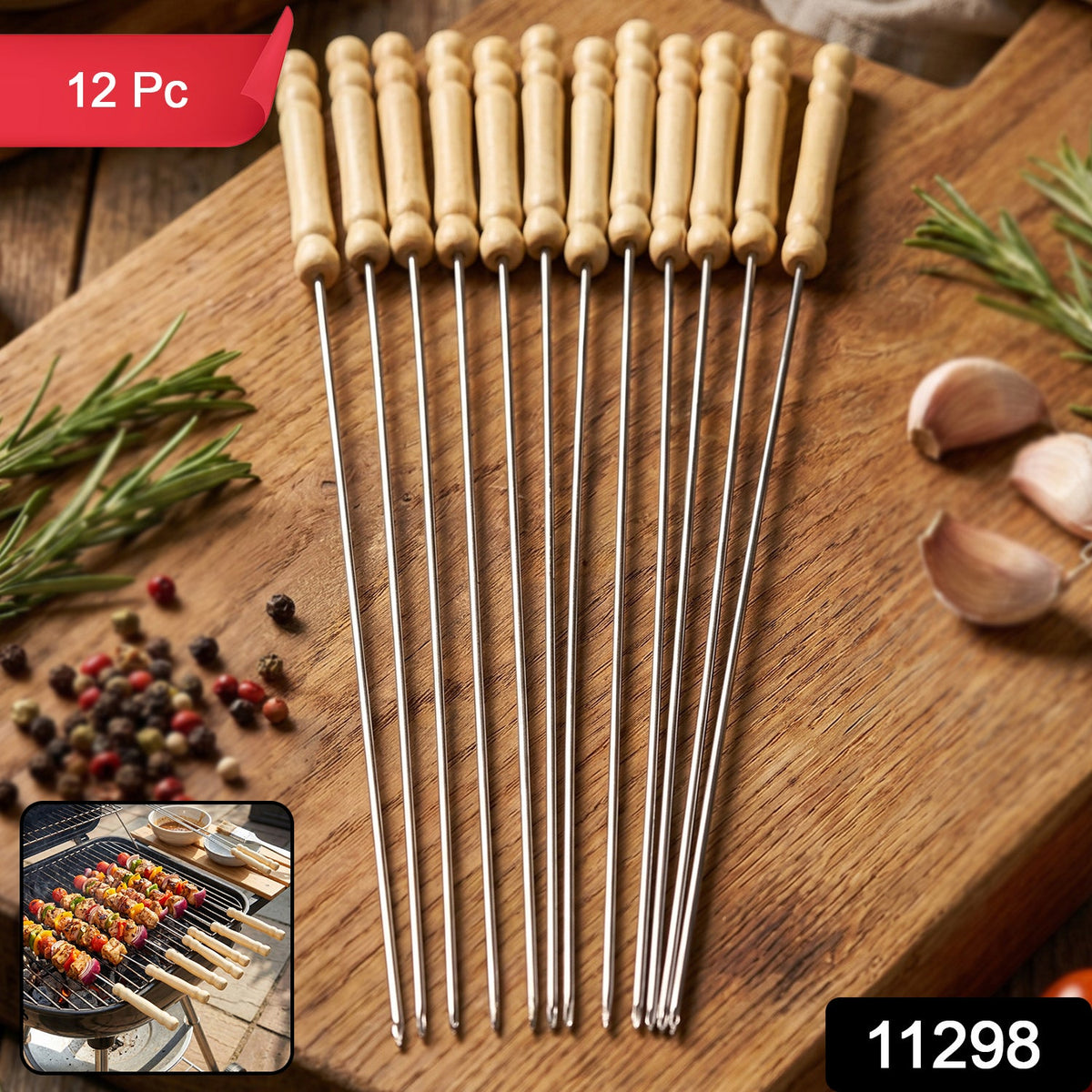 Twelve stainless steel skewers with light wooden handles arranged on a wooden cutting board with spices.