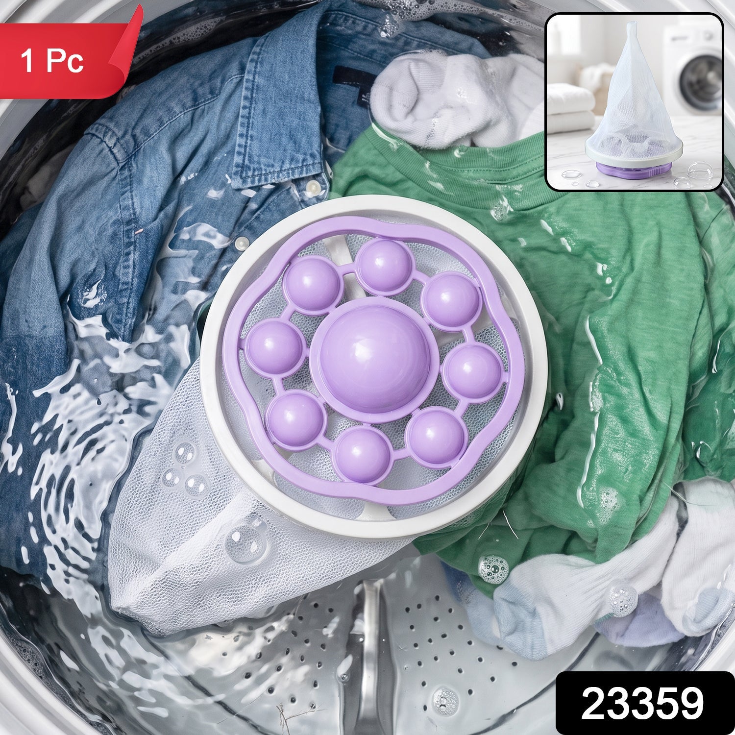 A purple and white floating lint mesh bag in a washing machine with blue and green clothes, with '1 Pc' and '23359' labels.