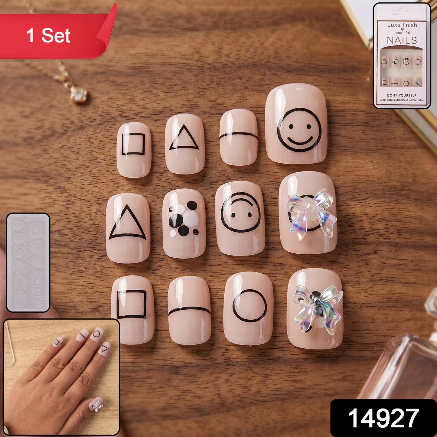 A set of 12 nude press-on nails with black geometric shapes and two with iridescent bows, with a "1 Set" banner.