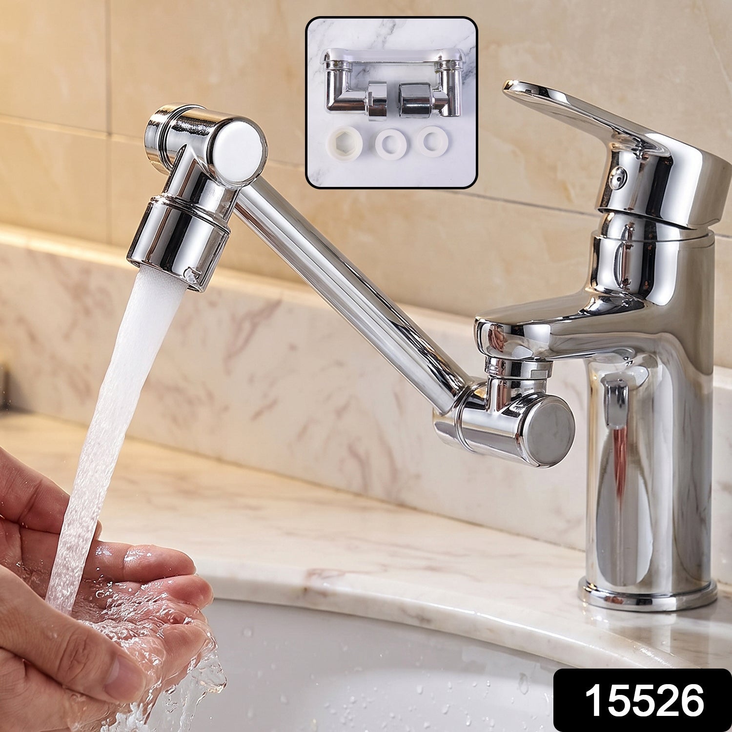 A shiny chrome faucet extension is shown attached to a faucet, with water flowing into a person's cupped hands, with a small
