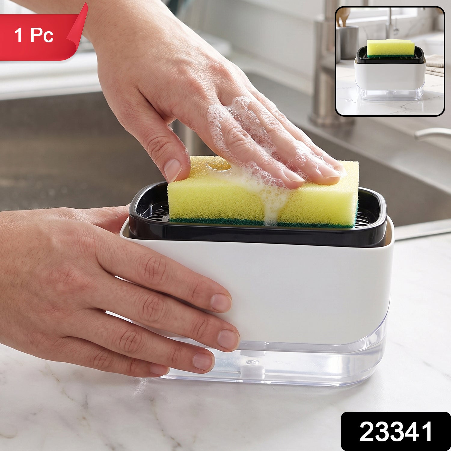 A person's hands press a yellow sponge onto a white and black soap dispenser, creating suds, next to a kitchen sink. A red