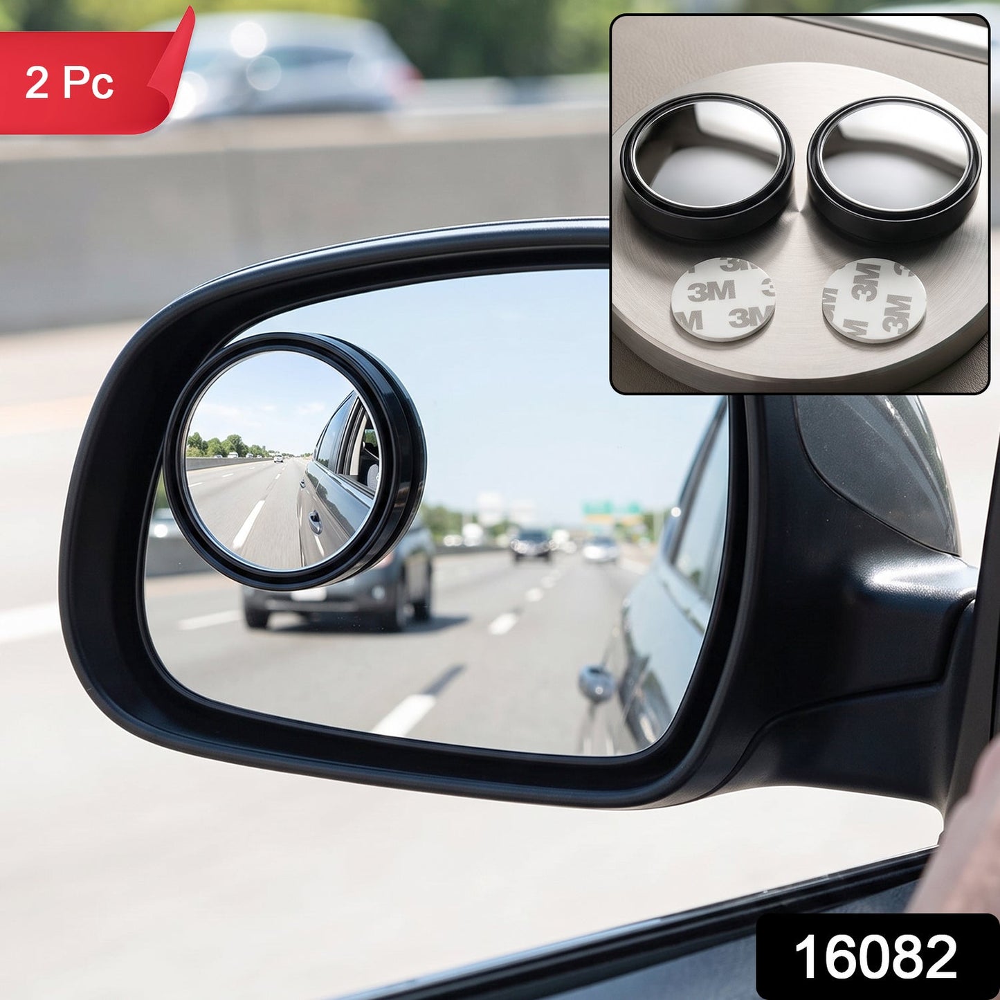 A black car side mirror with a small round blind spot mirror attached, showing a highway view, with a red "2 Pc" label and a