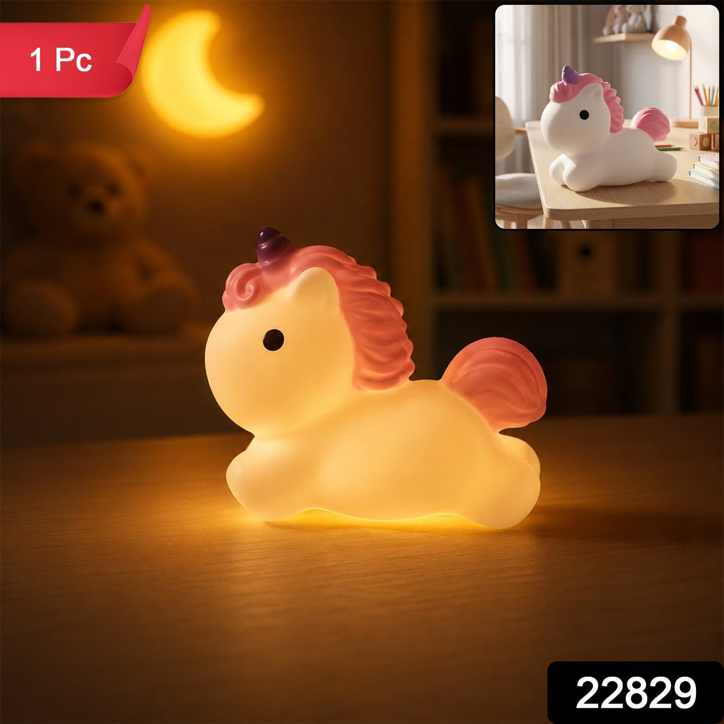 A white unicorn night light with pink mane and tail, and a purple horn, sits on a wooden surface in a dim room, with a small