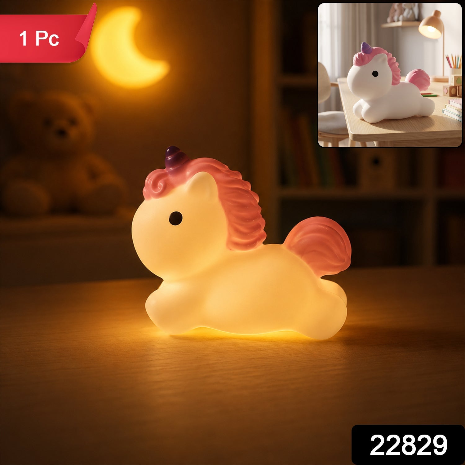 A white unicorn night light with pink mane and tail, and a purple horn, sits on a wooden surface in a dim room, with a small