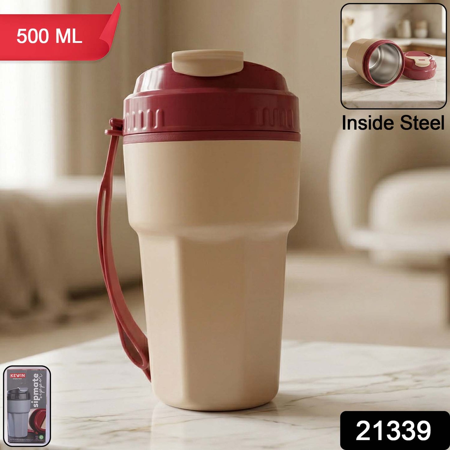 Plastic Sipmate sipper bottle showing open flip-top lid for easy sipping