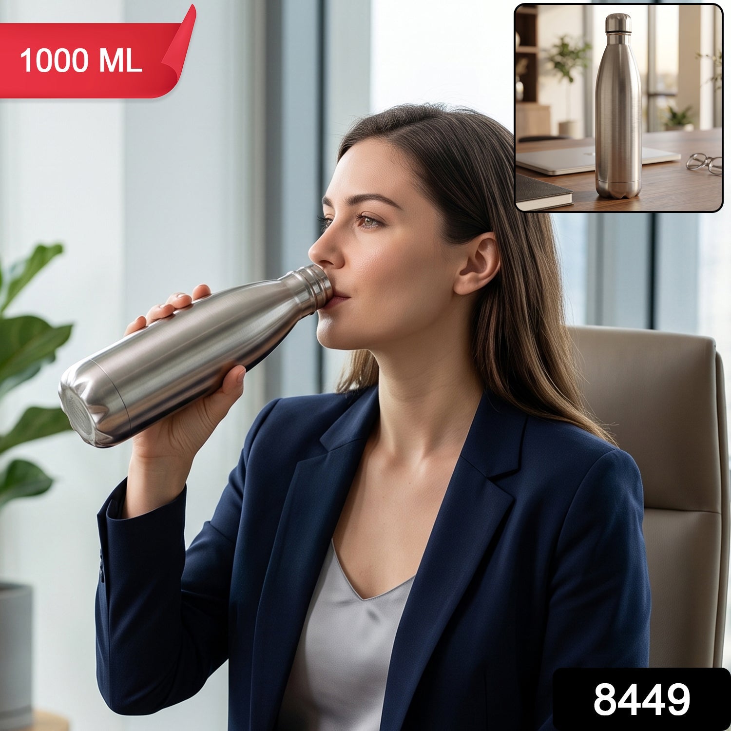 A woman in a navy blazer drinks from a silver stainless steel water bottle, with 1000 ML and 8449 labels.