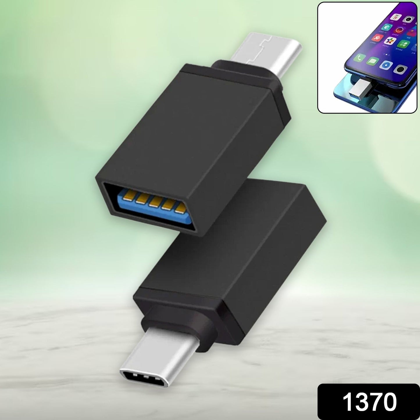 Two black USB-C to USB 3.0 OTG adapters are angled against a green background, with a phone in an inset.